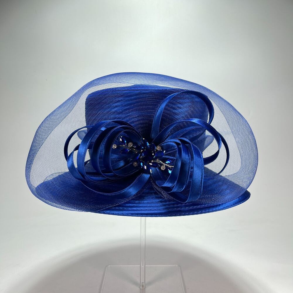 Sophia Collection LA Ribbon Royal Blue Dress Hat Mesh Veil Jeweled Bow Accent